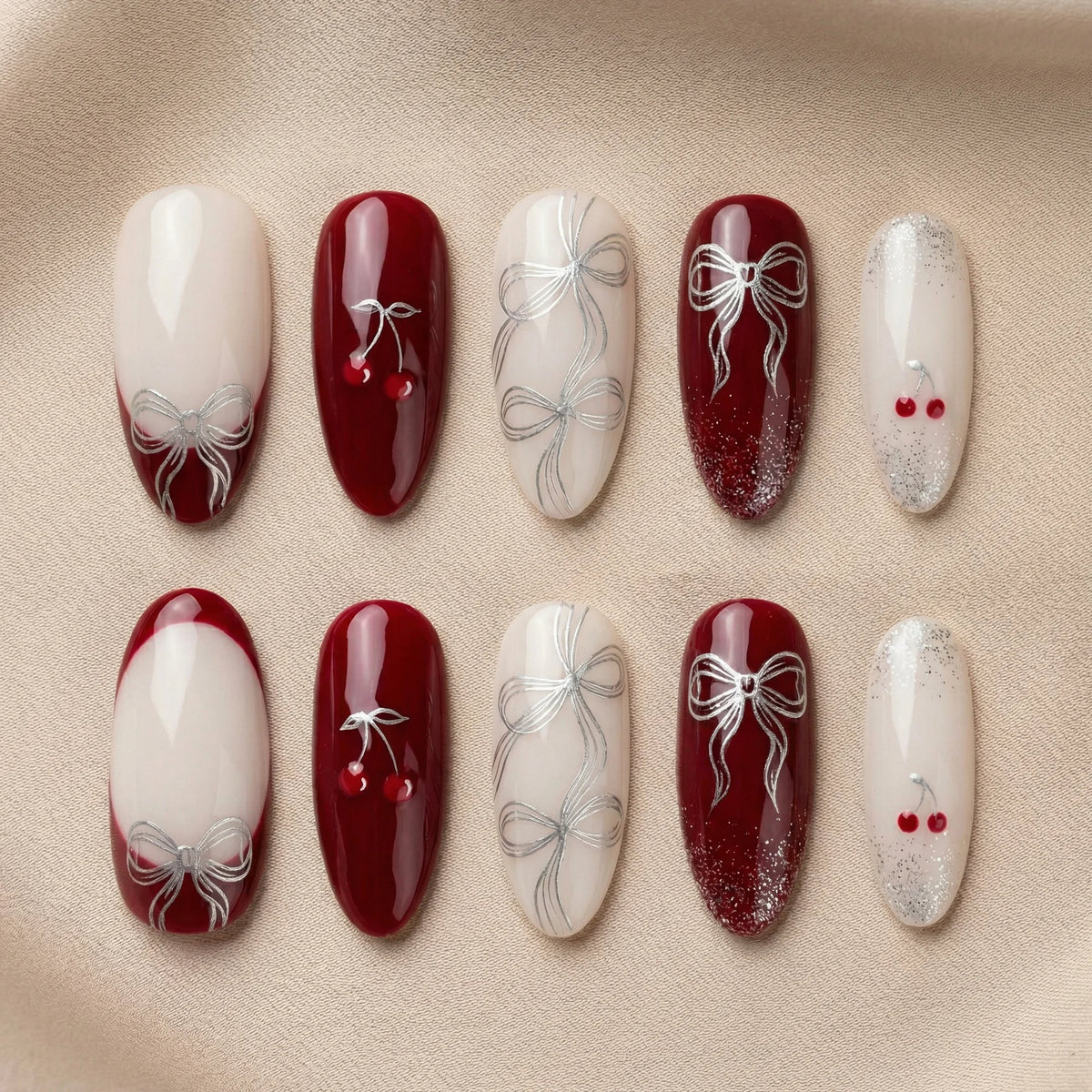 cherry red glitter almond medium press on nails flat lay 01