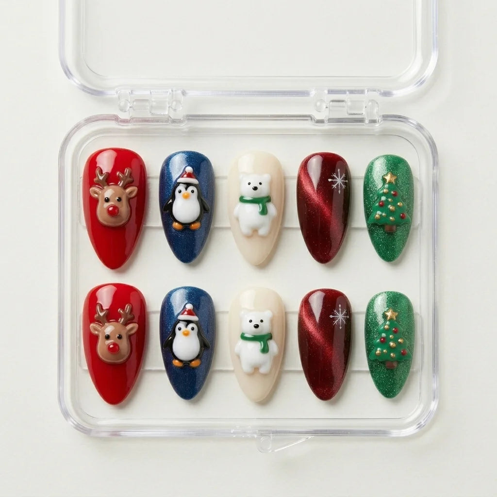 cherry red navy blue 3d cat eye christmas almond press on nails polar bear penguin glitter box 05