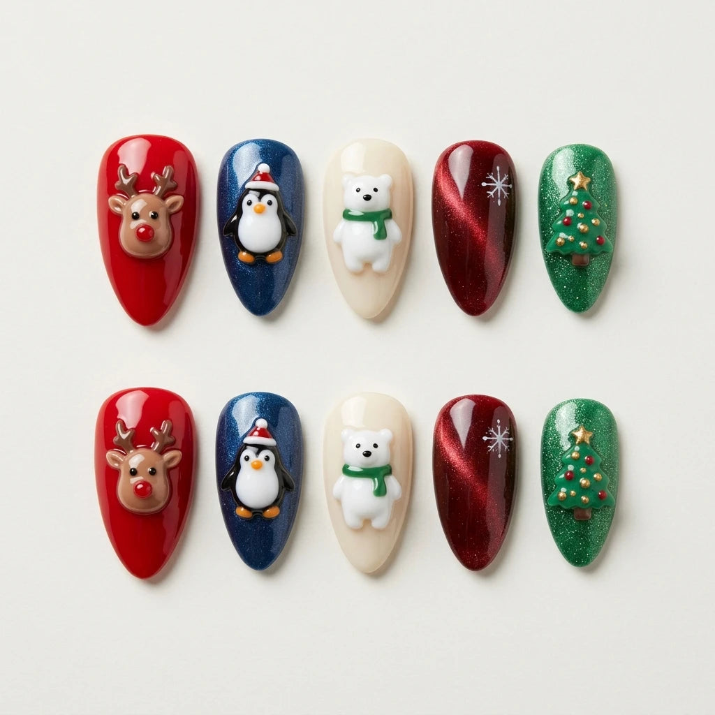 cherry red navy blue 3d cat eye christmas almond press on nails polar bear penguin glitter flat lay 04