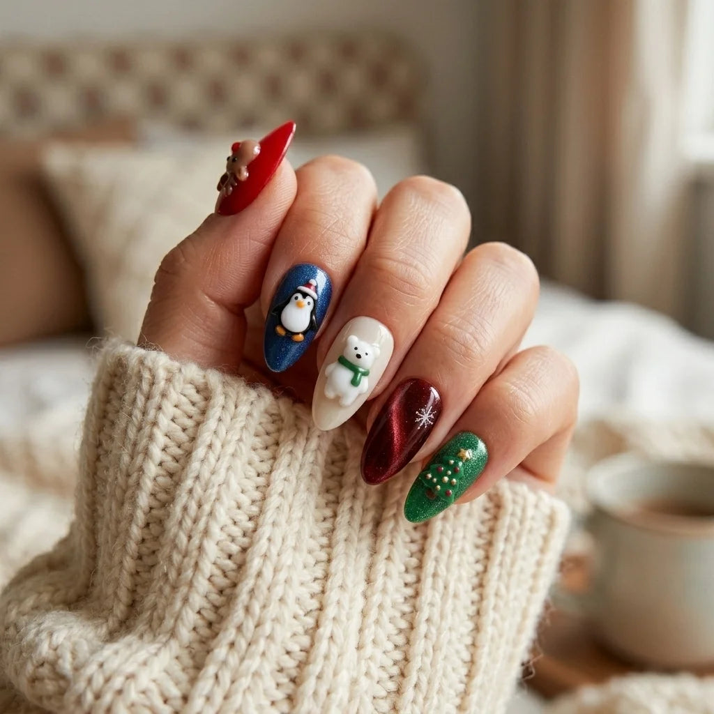 cherry red navy blue 3d cat eye christmas almond press on nails polar bear penguin glitter lifestyle 03