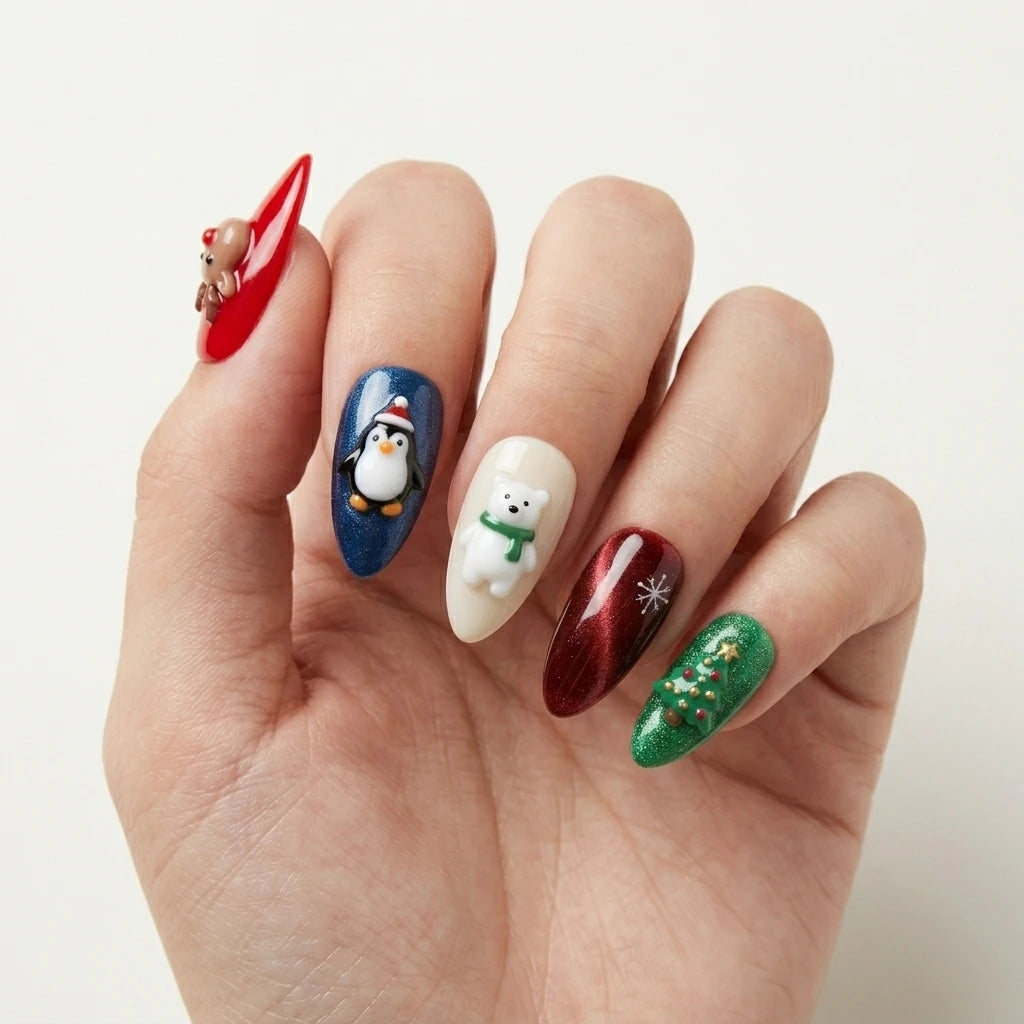 cherry red navy blue 3d cat eye christmas almond press on nails polar bear penguin glitter mockup 01