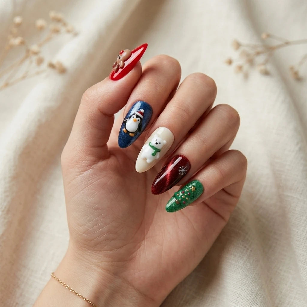 cherry red navy blue 3d cat eye christmas almond press on nails polar bear penguin glitter mockup 02