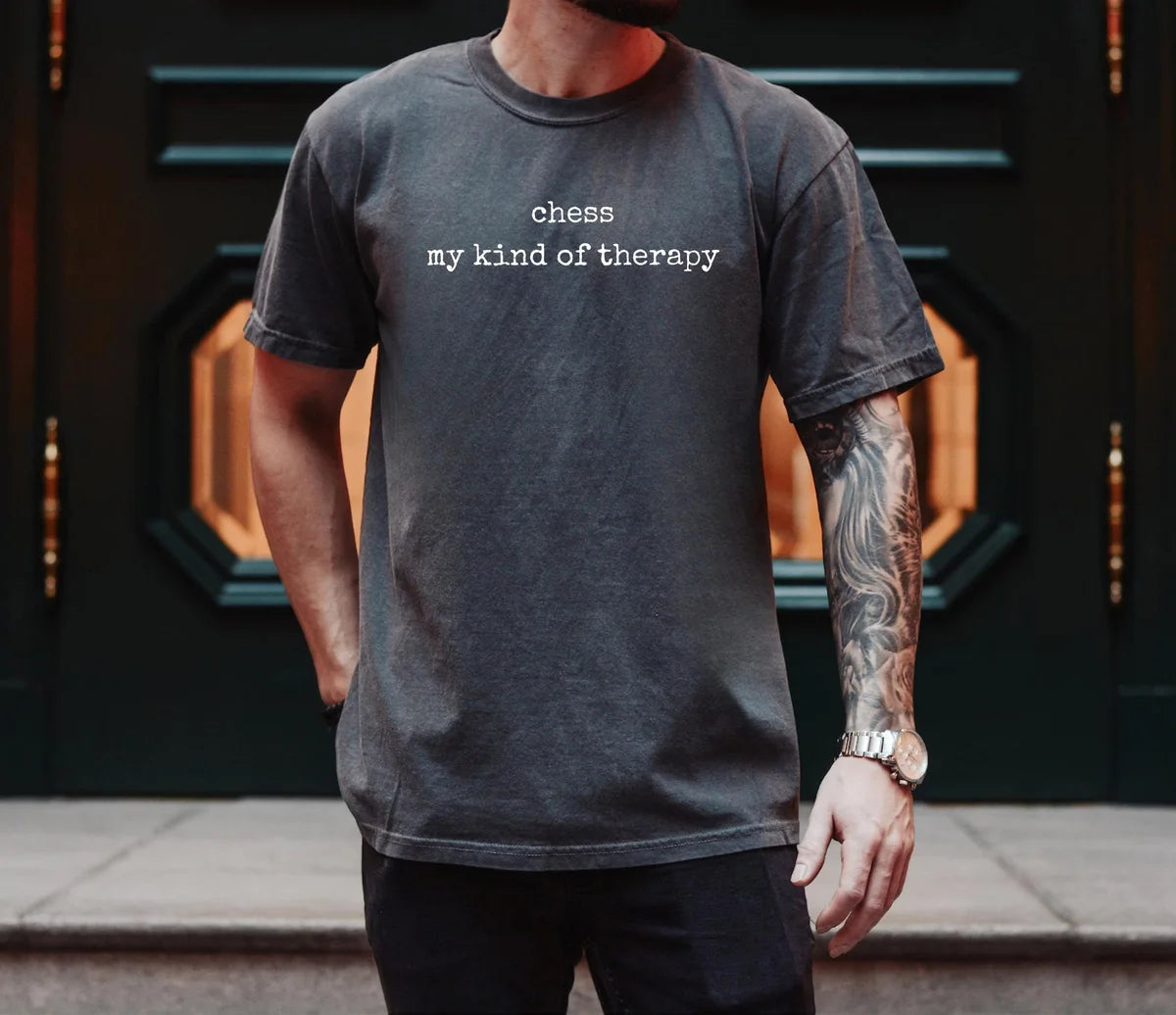 Comfort Colors T-shirt with Chess My Kind Of Therapy printed design; model photo.