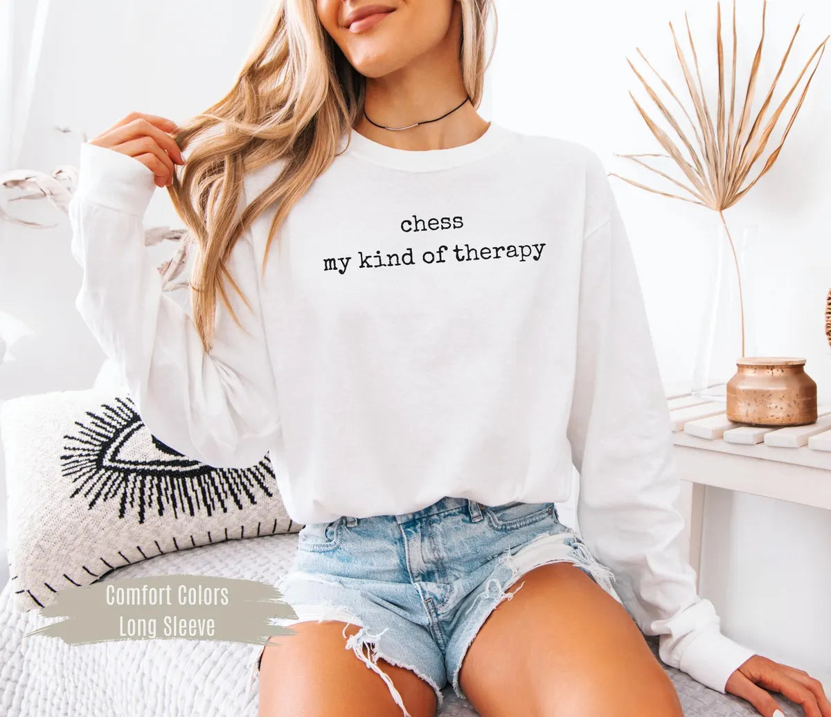 Comfort Colors T-shirt with Chess My Kind Of Therapy printed design; model photo.