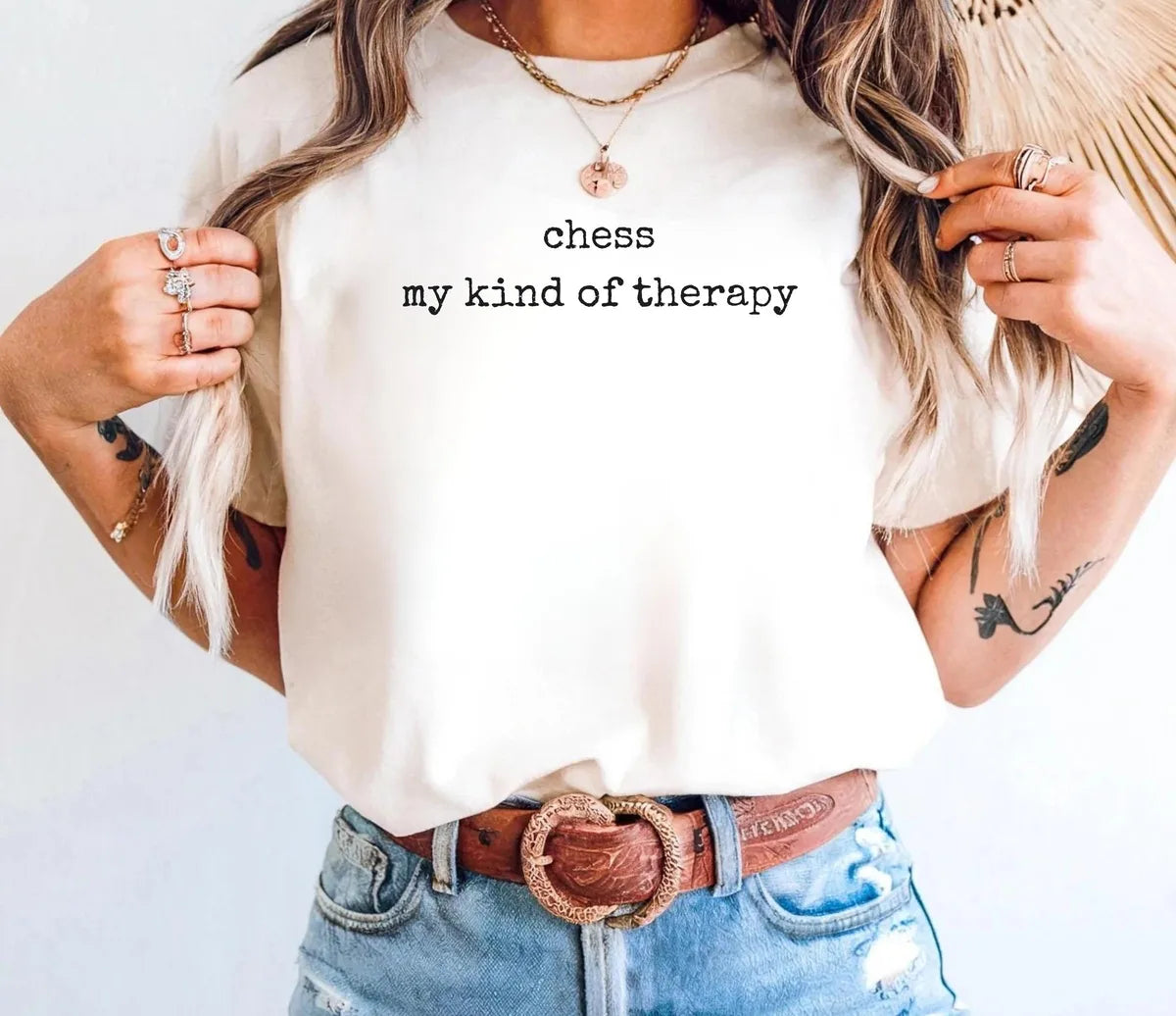 Comfort Colors T-shirt with Chess My Kind Of Therapy printed design; model photo.