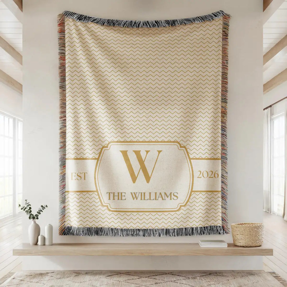chevron crest custom family name personalized woven blanket hero 01
