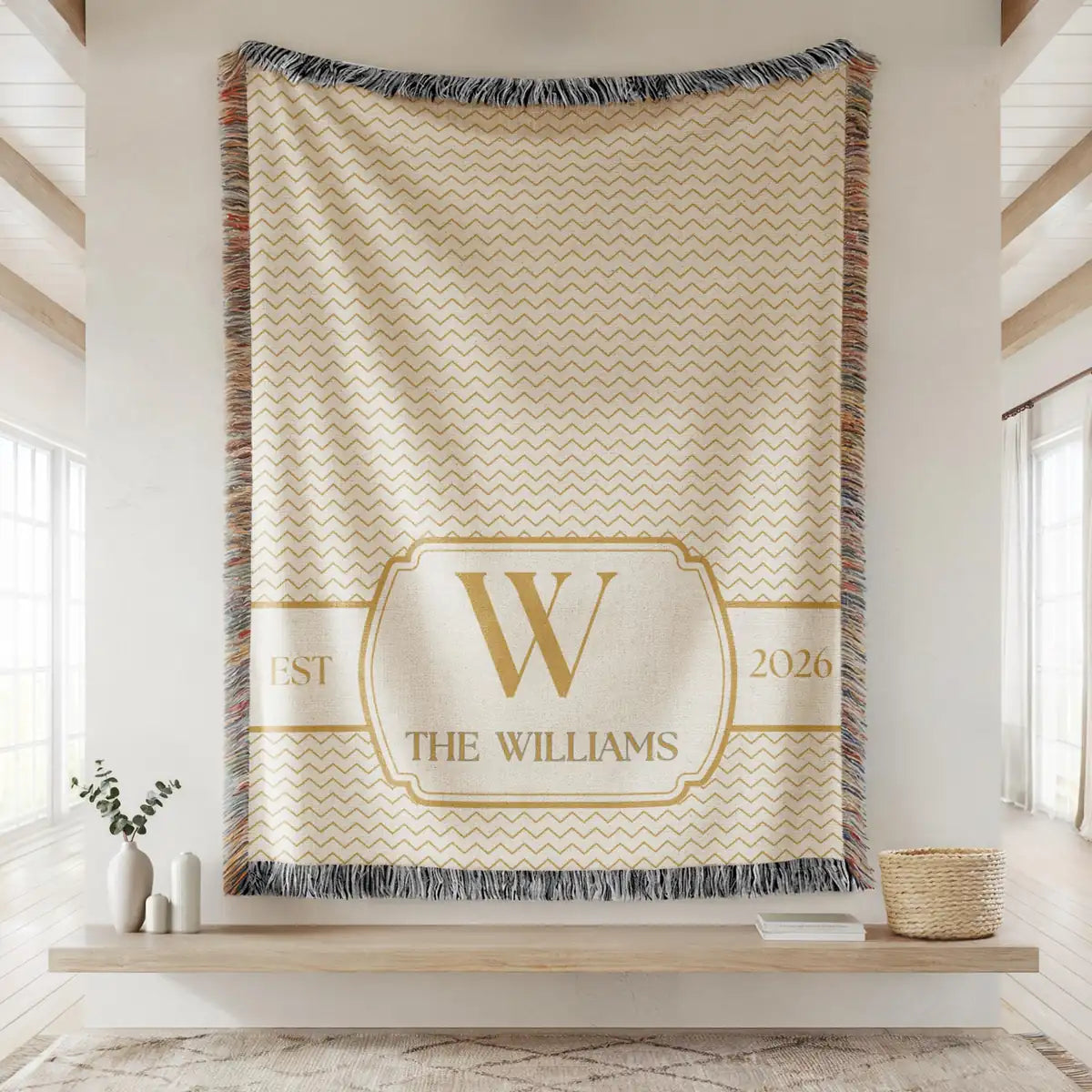 chevron crest custom family name personalized woven blanket detail 01