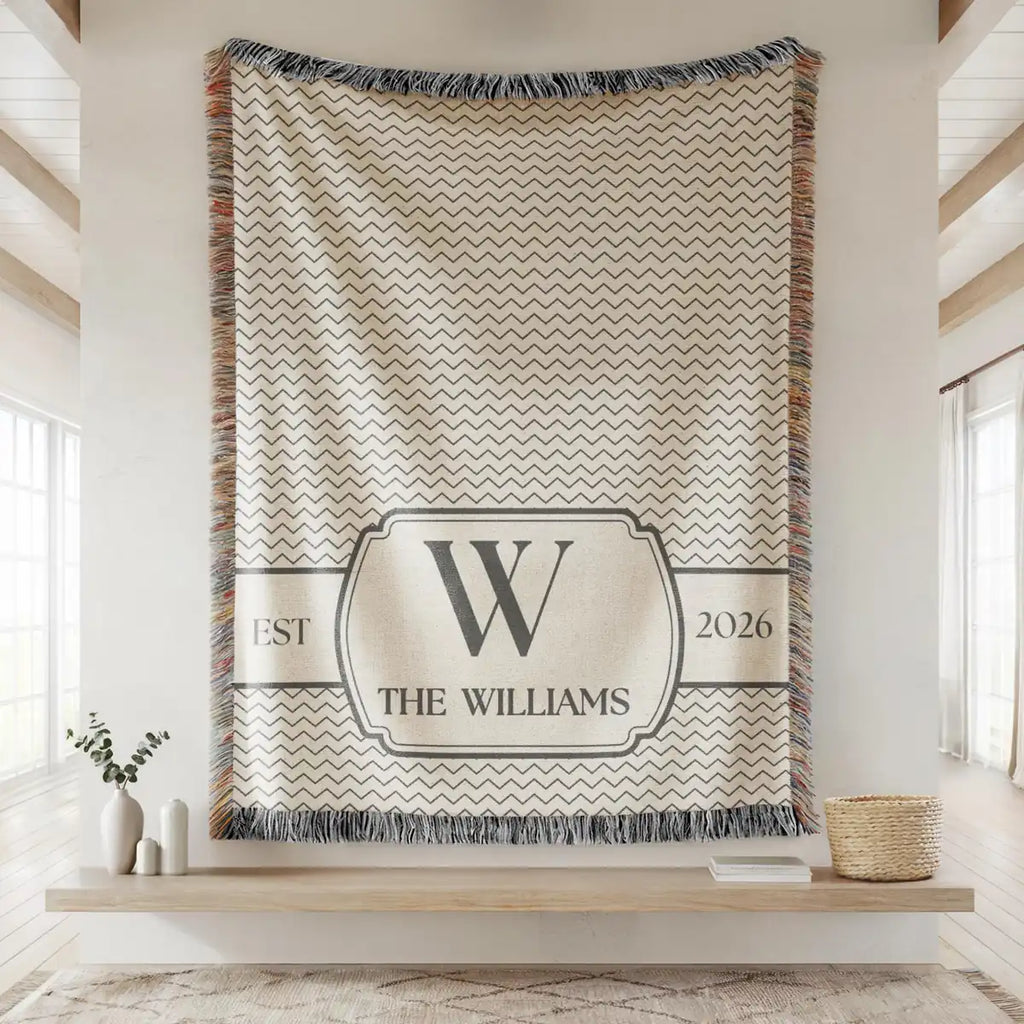 chevron crest custom family name personalized woven blanket hero 01