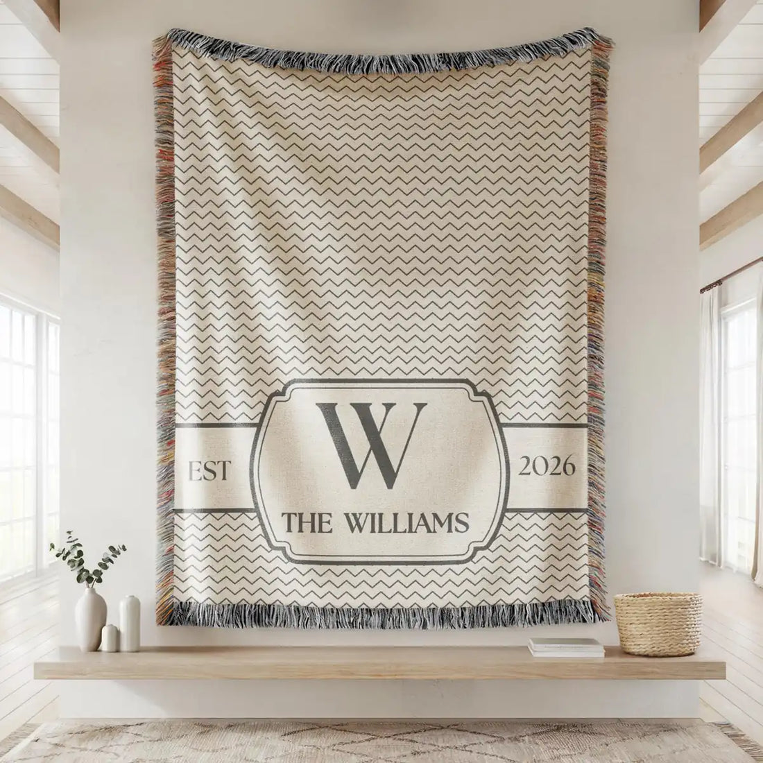 chevron crest custom family name personalized woven blanket hero 01
