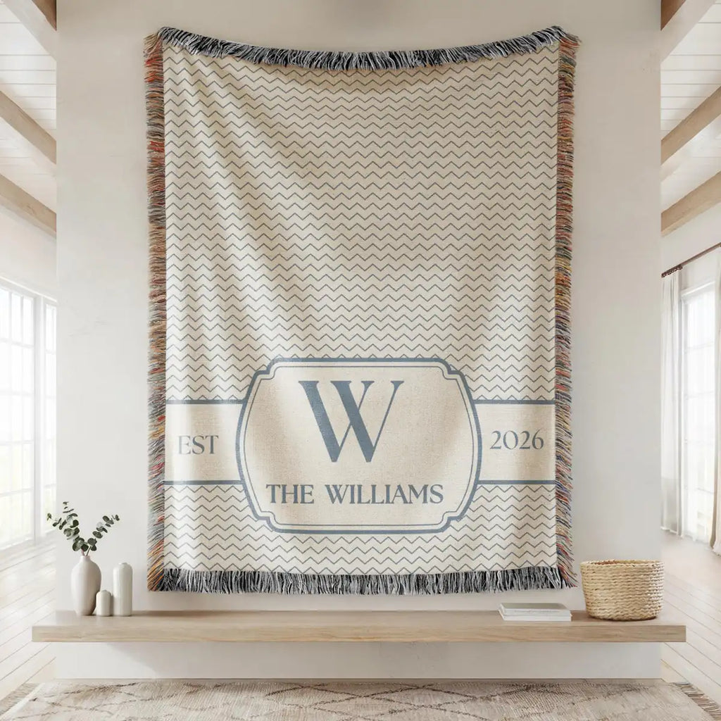 chevron crest custom family name personalized woven blanket info 02