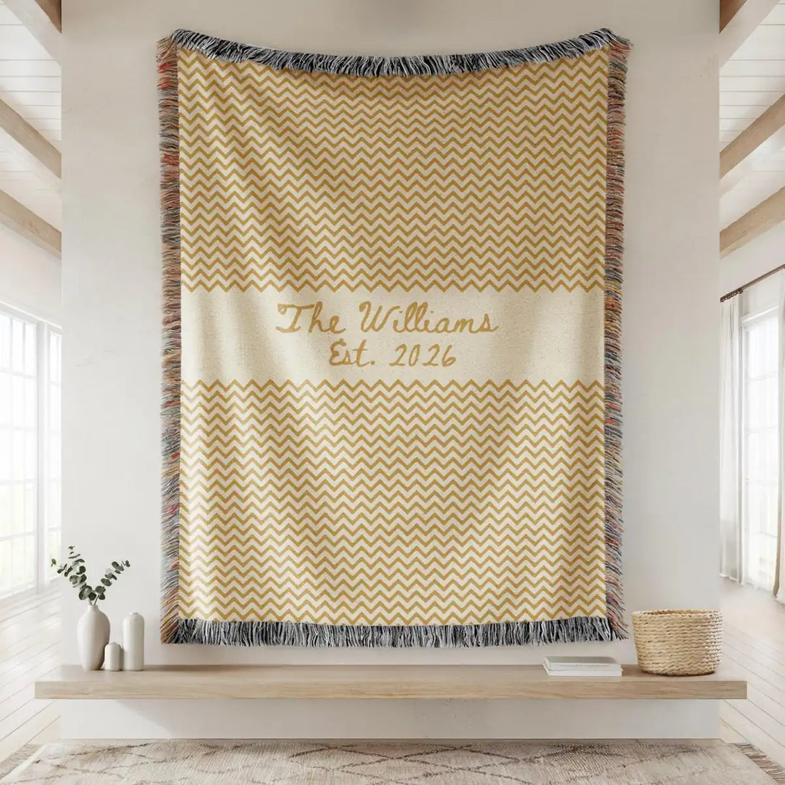 chevron custom family name personalized woven blanket hero 01