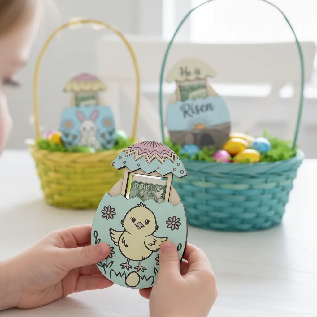 Person holding a small Easter-themed product with baskets and eggs in the background