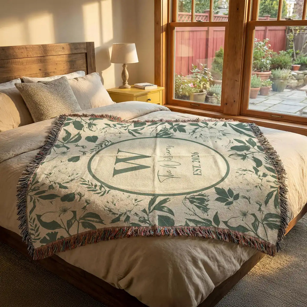 Close-up of the personalized chinoiserie floral toile woven blanket with monogram and fringe detail
