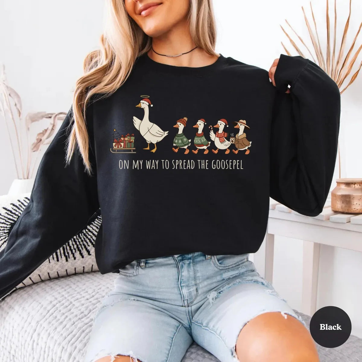 Christian Christmas Crewneck Sweatshirt shown on a model in Black.
