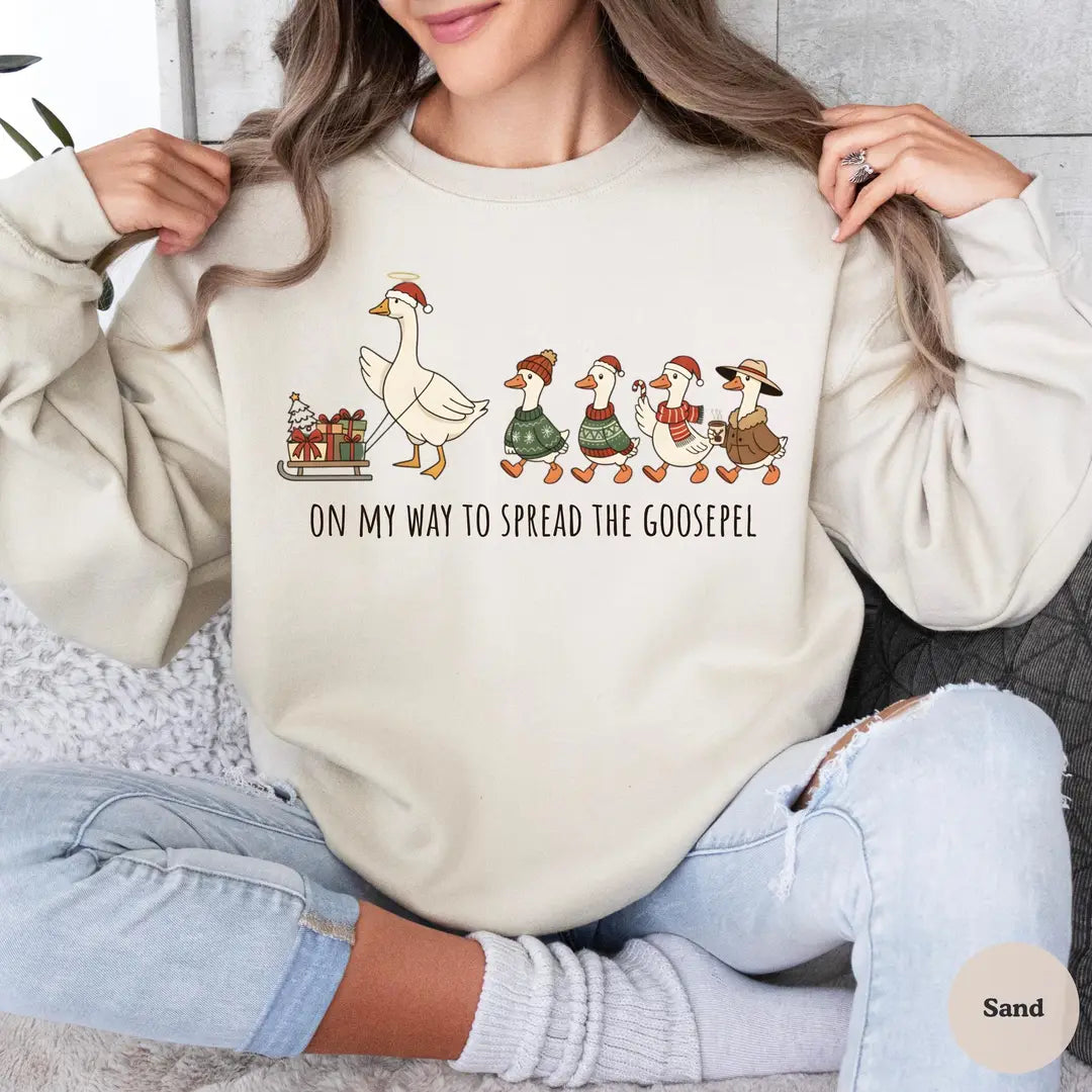Christian Christmas Crewneck Sweatshirt shown on a model in Sand.