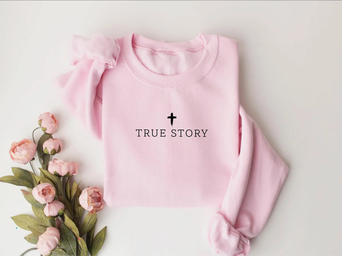 Christian Christmas : True Story Jesus Lover Gift Crewneck Sweatshirt alternate product view in Pink.