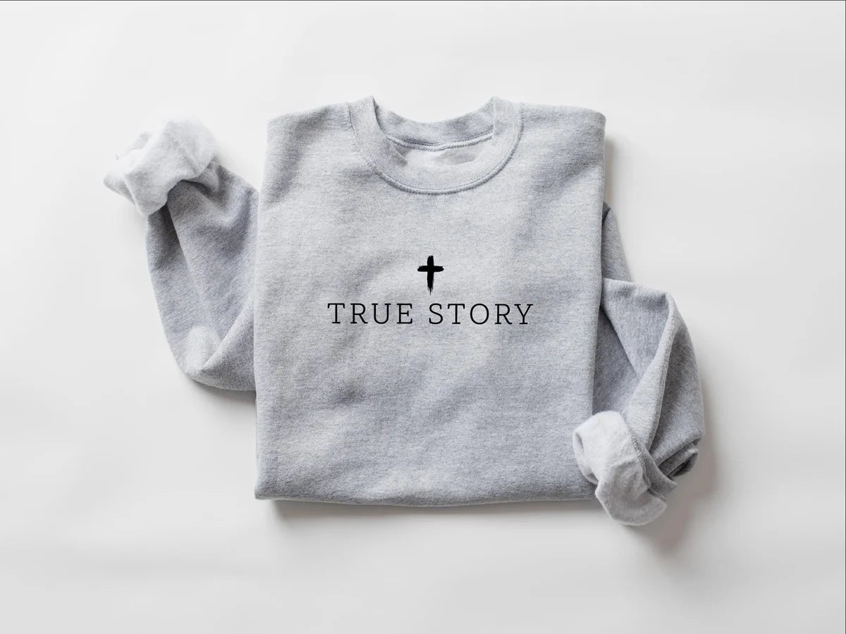 True Story Jesus crewneck sweatshirt shown in Sport Grey.