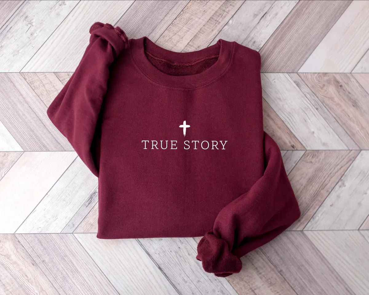Christian Christmas : True Story Jesus Lover Gift Crewneck Sweatshirt alternate product view in Maroon.