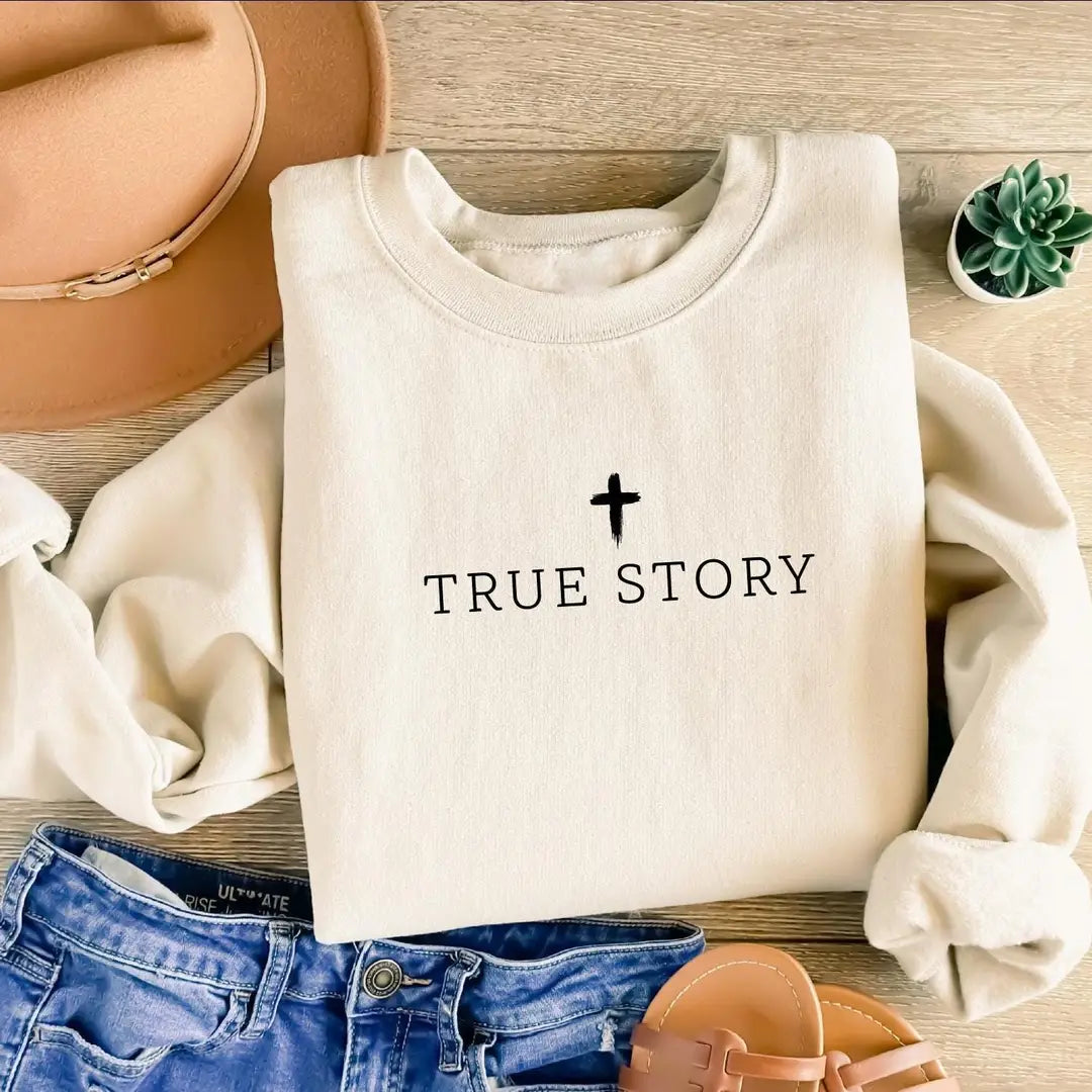 True Story Jesus crewneck sweatshirt shown in Sand.