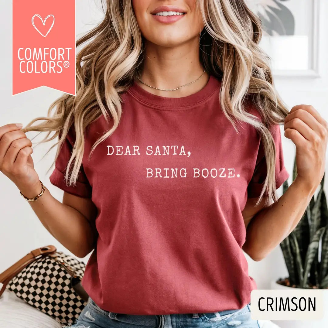 Dear Santa Bring Booze graphic Comfort Colors T-shirt in Crimson, additional product photograph.