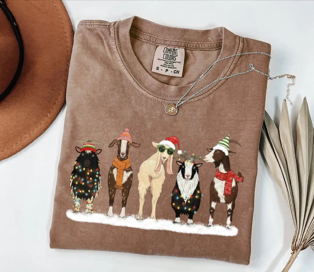 Comfort Colors T-shirt with Christmas Animals holiday design, featured shirt mockup.
