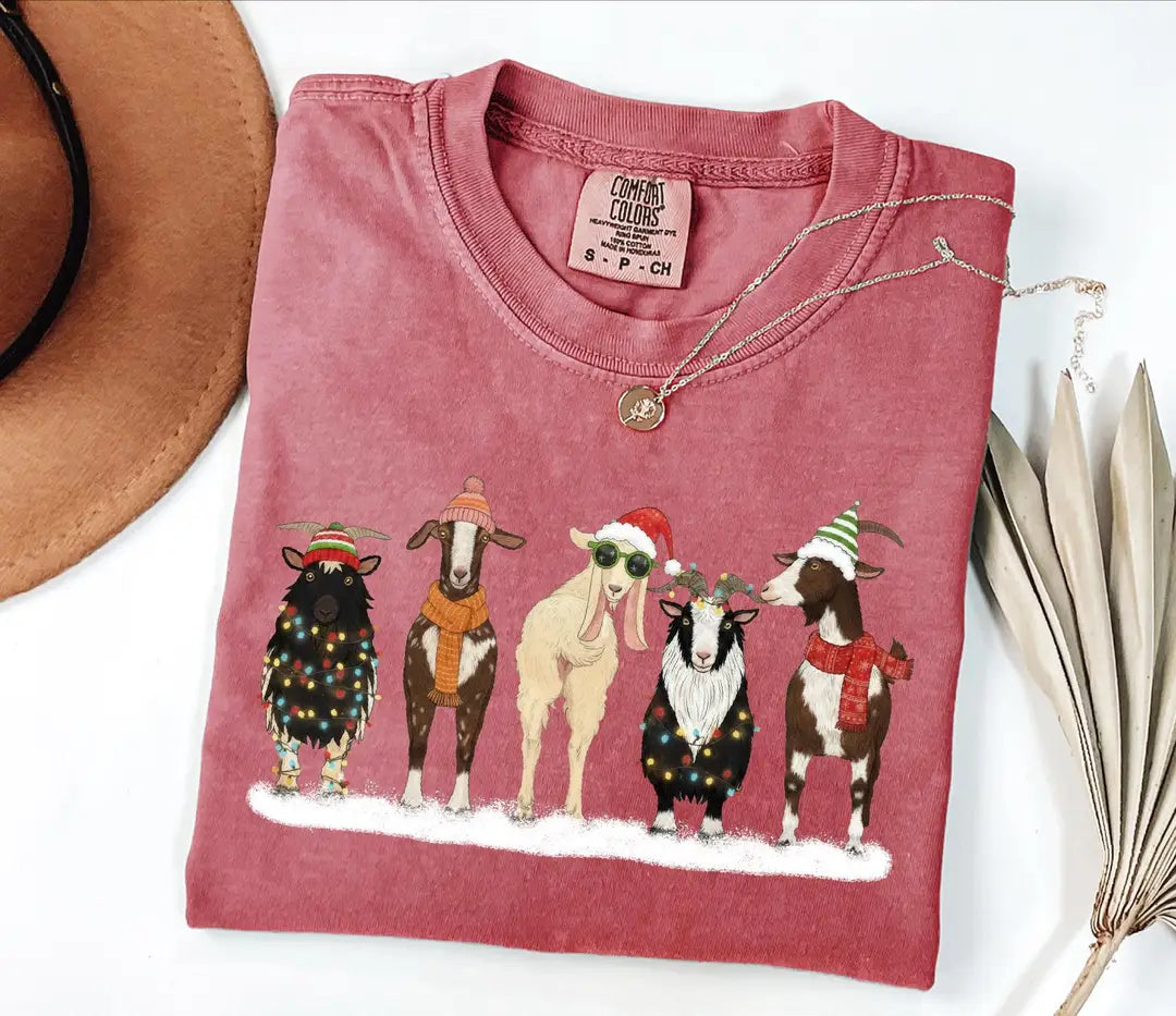 Comfort Colors T-shirt with Christmas Animals holiday design; model photo.