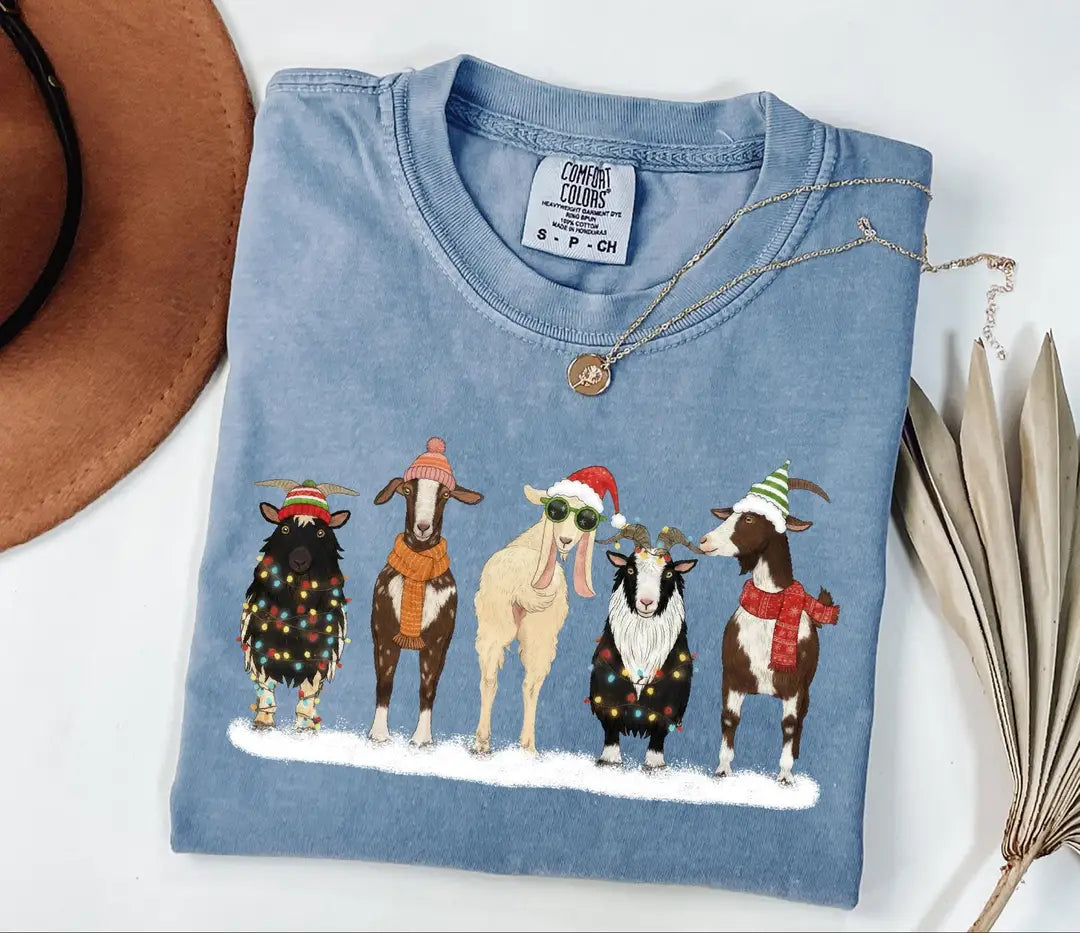 Comfort Colors T-shirt with Christmas Animals holiday design; model photo.
