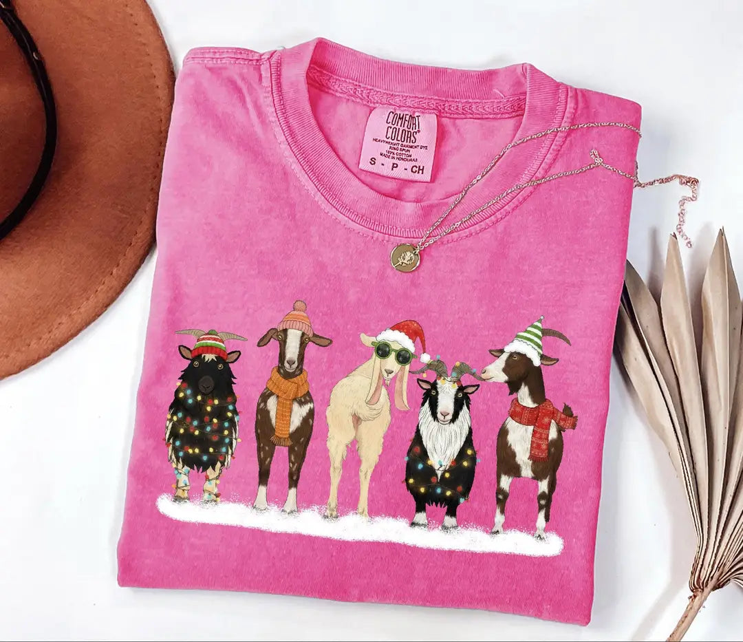 Comfort Colors T-shirt with Christmas Animals holiday design; model photo.
