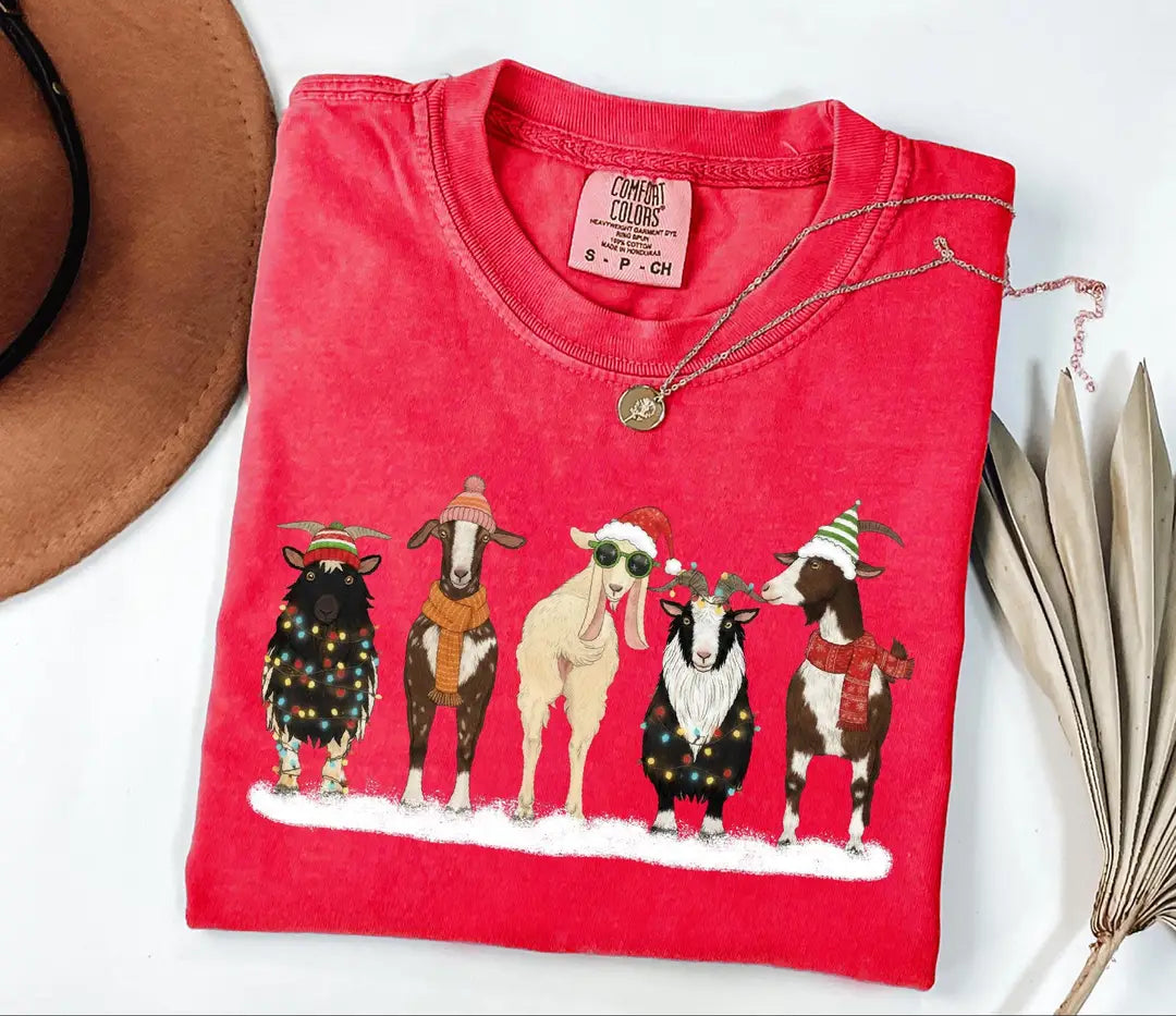 Comfort Colors T-shirt with Christmas Animals holiday design; model photo.