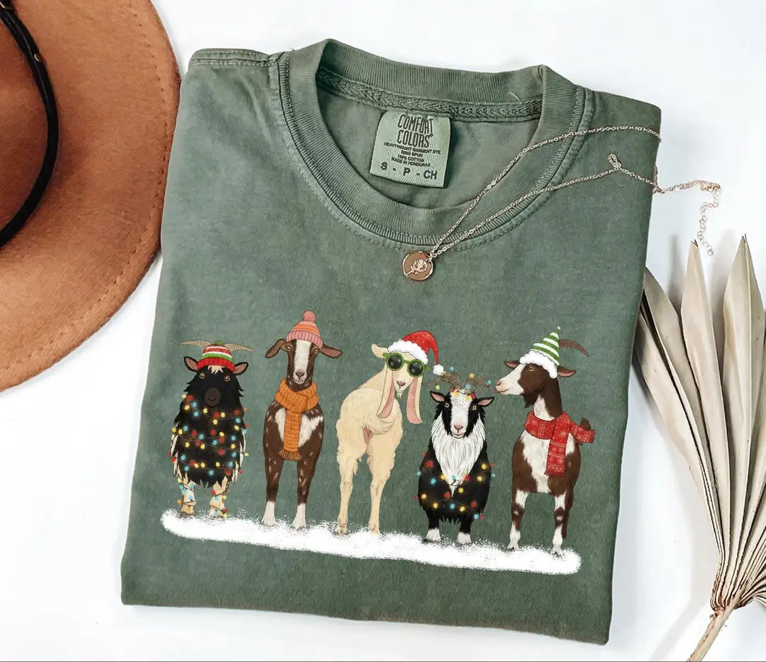 Comfort Colors T-shirt with Christmas Animals holiday design; model photo.