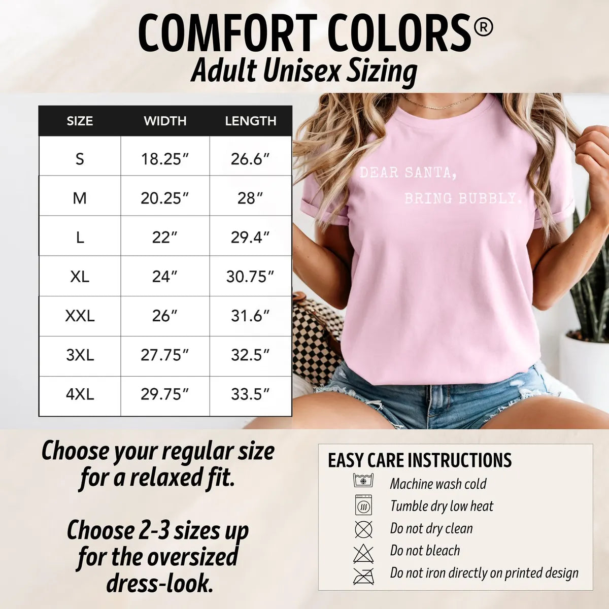 Dear Santa Bring Bubbly graphic Comfort Colors T-shirt in Blossom, additional product photograph.