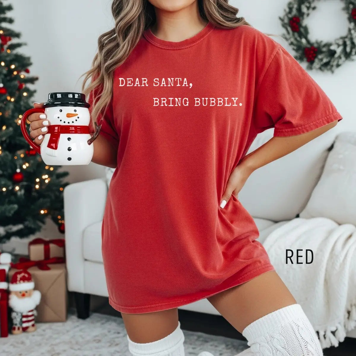 Dear Santa Bring Bubbly graphic Comfort Colors T-shirt in Red, additional product photograph.