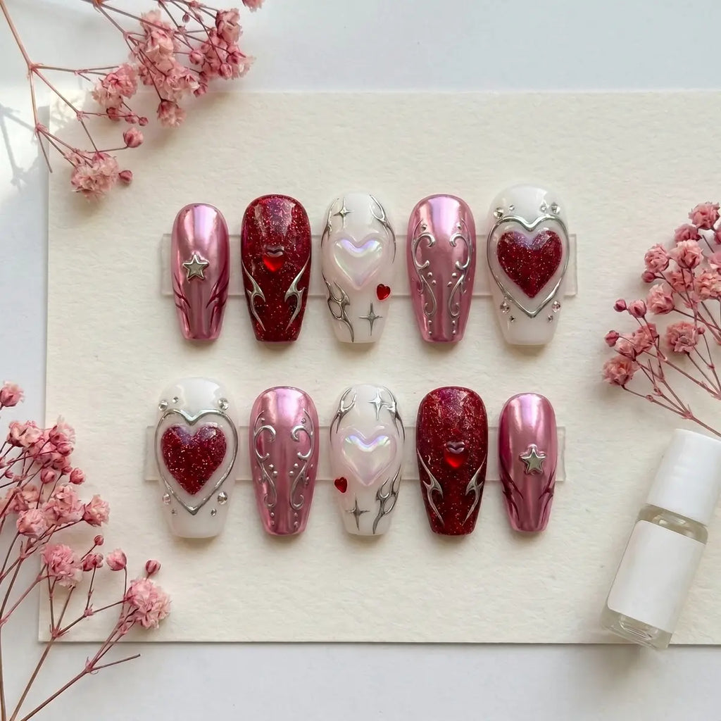 chrome cerise 3d coffin press on nails ribbon heart flat lay 01