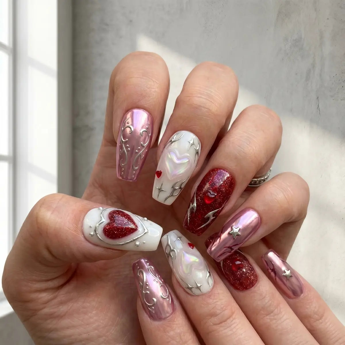 chrome cerise 3d coffin press on nails ribbon heart mockup 01