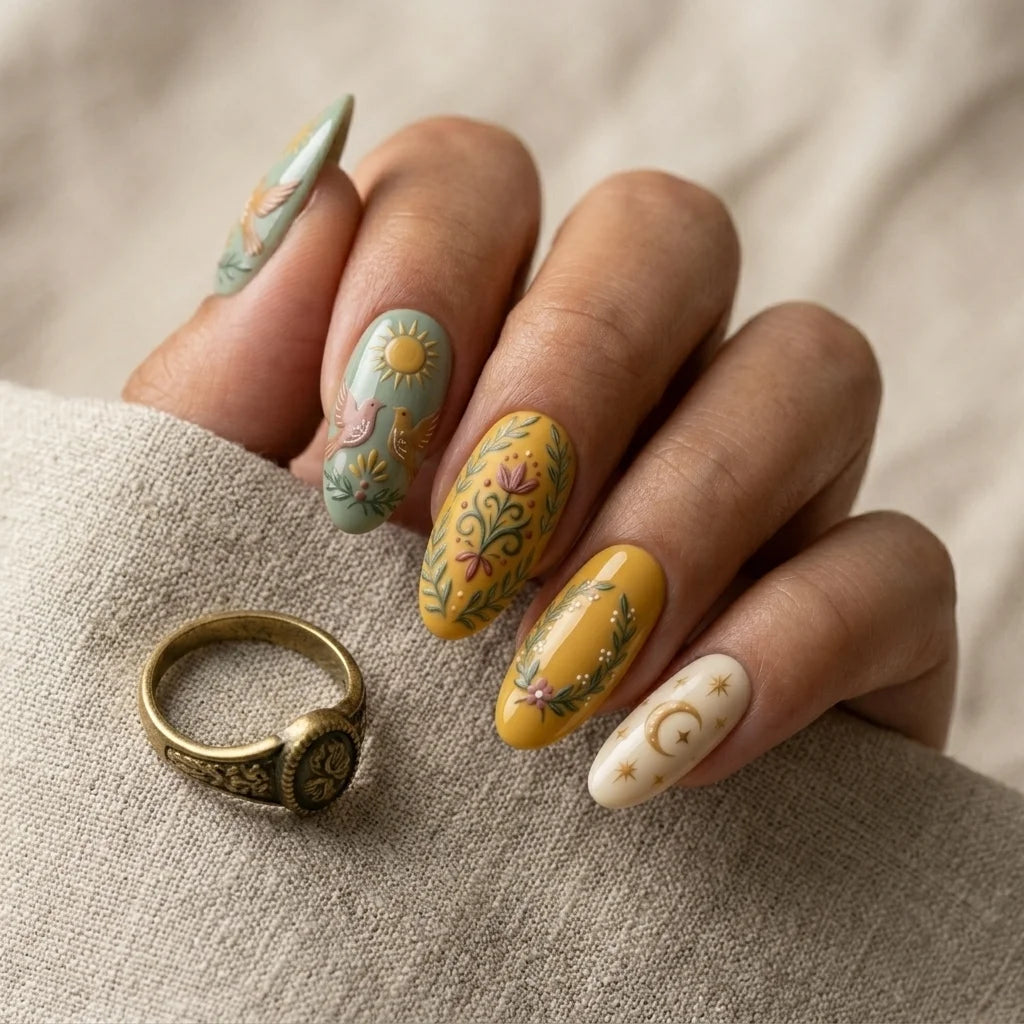 clay sage hand painted almond medium press on nails birds flat lay 01