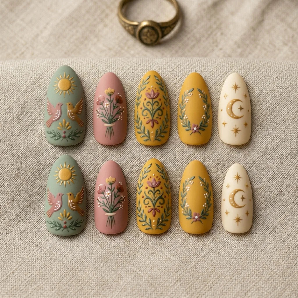 clay sage hand painted almond medium press on nails birds mockup 01