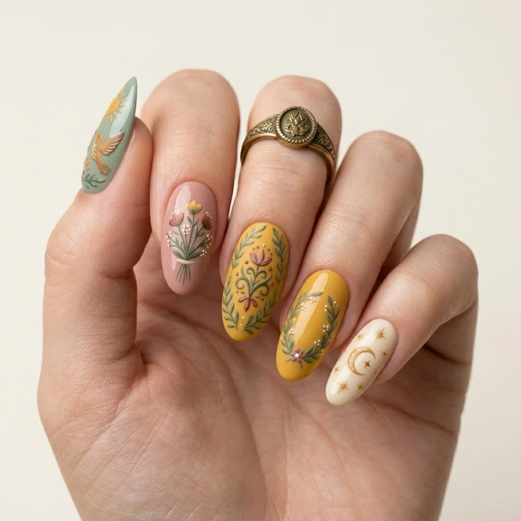 clay sage hand painted almond medium press on nails birds mockup 02
