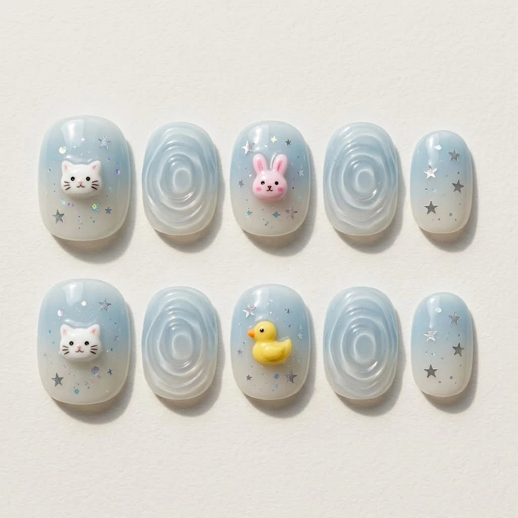 clear grey pink 3d oval short press on nails ripple bunny jelly flat lay 01