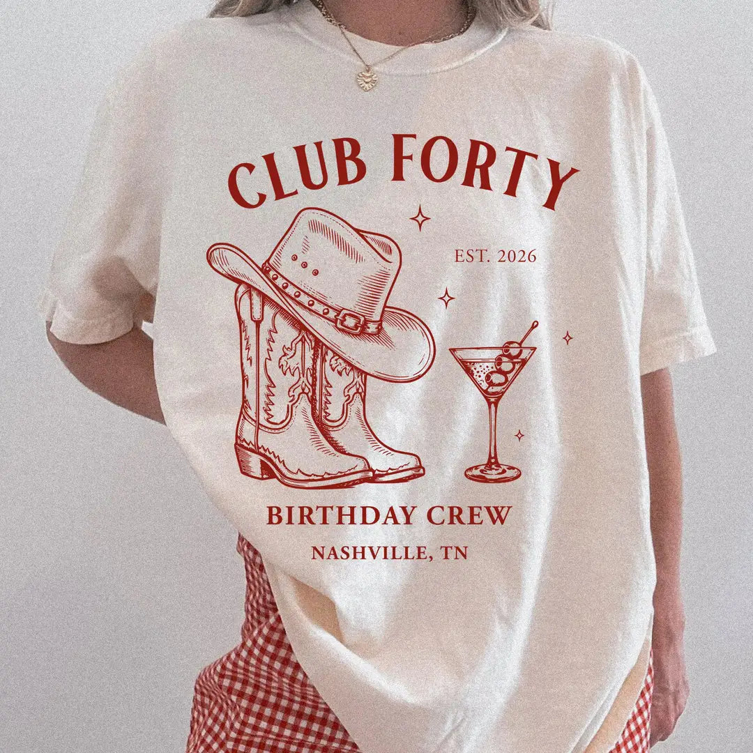 Club Forty Nashville graphic Comfort Colors T-shirt in Red, main product photograph.