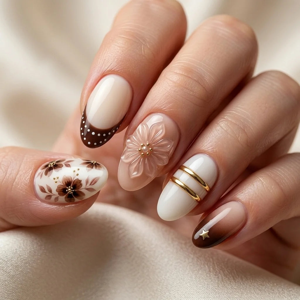 coffee brown cream white 3d french tip almond press on nails vintage flower detail 03