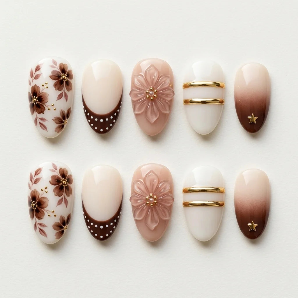 coffee brown cream white 3d french tip almond press on nails vintage flower flat lay 04