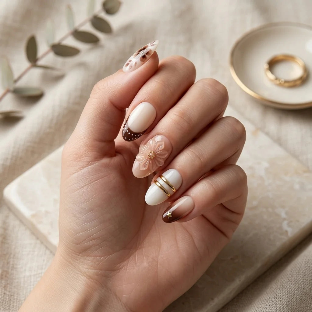 coffee brown cream white 3d french tip almond press on nails vintage flower lifestyle 02