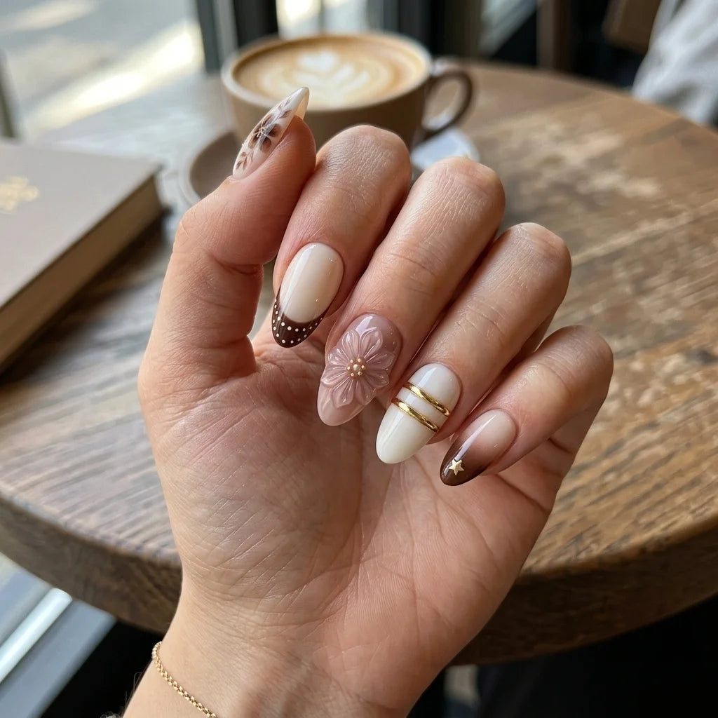coffee brown cream white 3d french tip almond press on nails vintage flower lifestyle 02 alt