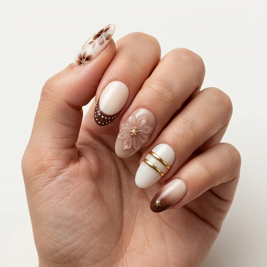 coffee brown cream white 3d french tip almond press on nails vintage flower mockup 01