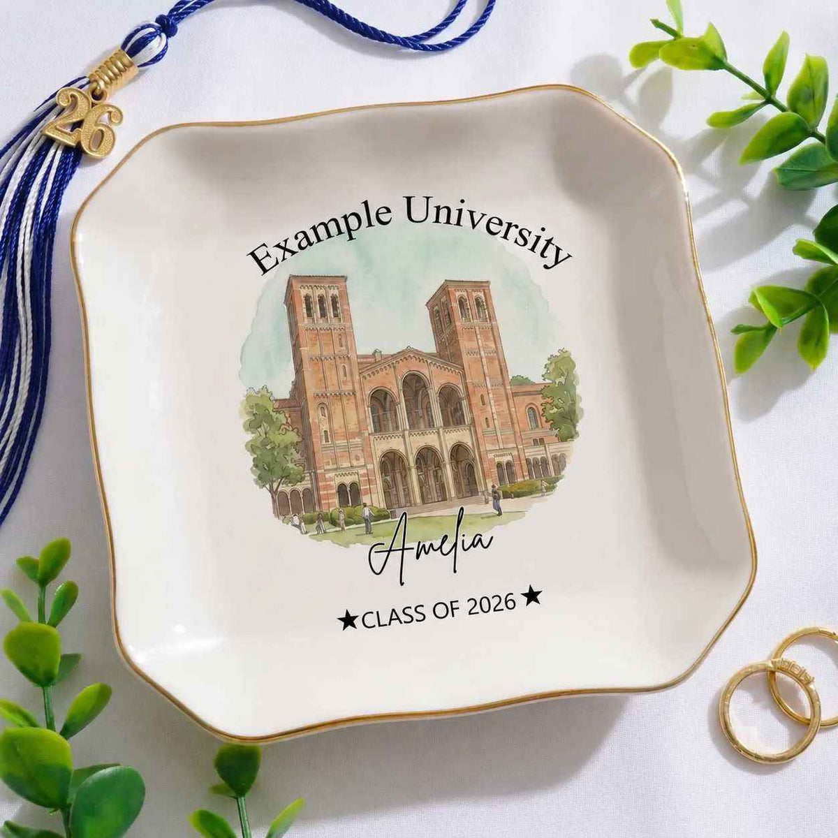 Custom photo of a wavy-square-shaped graduation ring dish displayed elegantly on a white table
