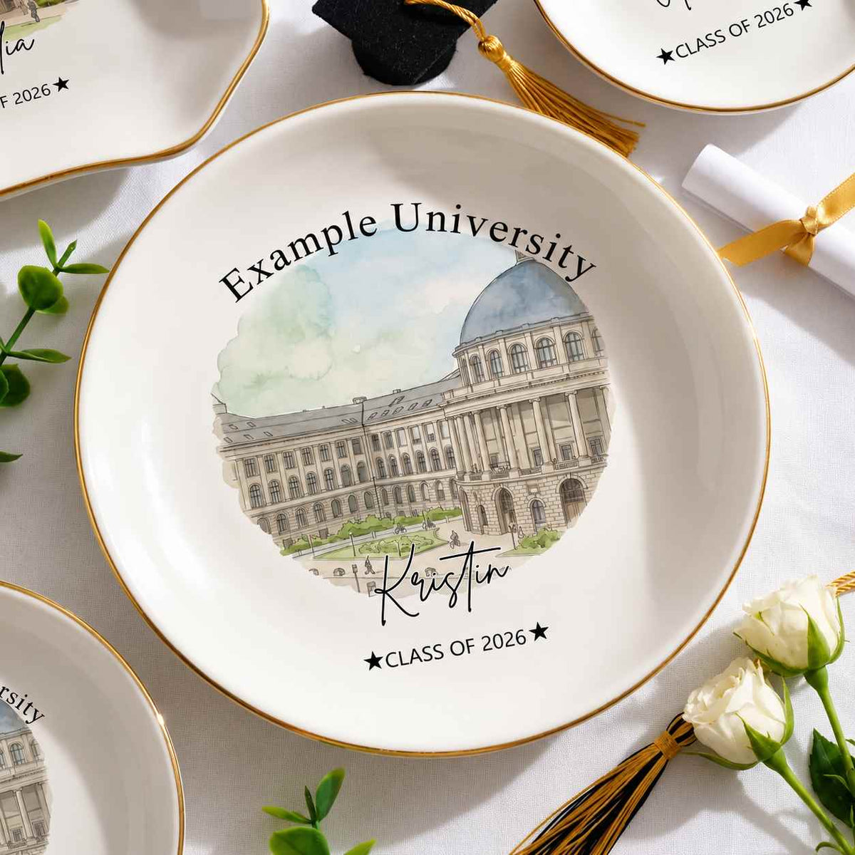 Custom photo of a round-shaped graduation ring dish displayed elegantly on a white table