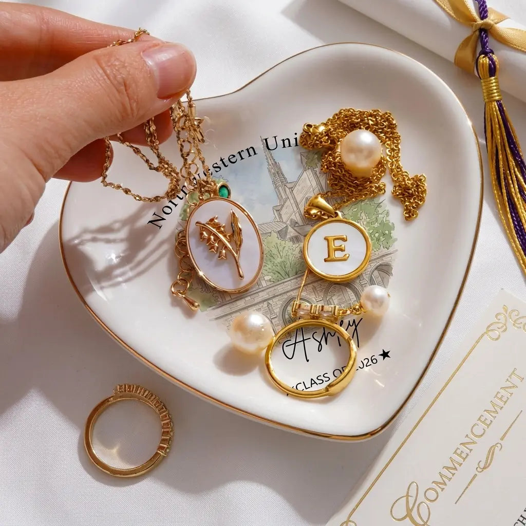 Personalized ceramic ring dish with custom photo and text for graduation, main front view
