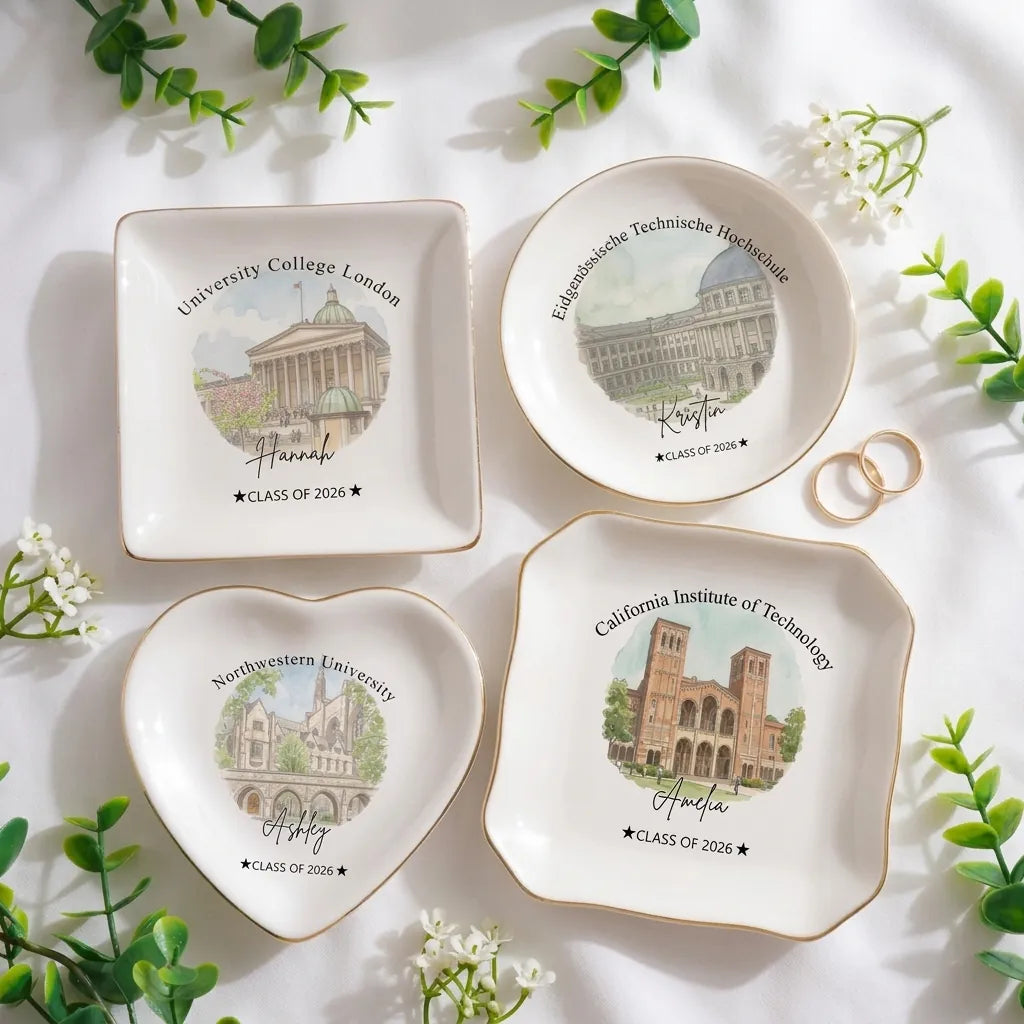 Personalized ceramic ring dish with custom photo and text for graduation, main front view