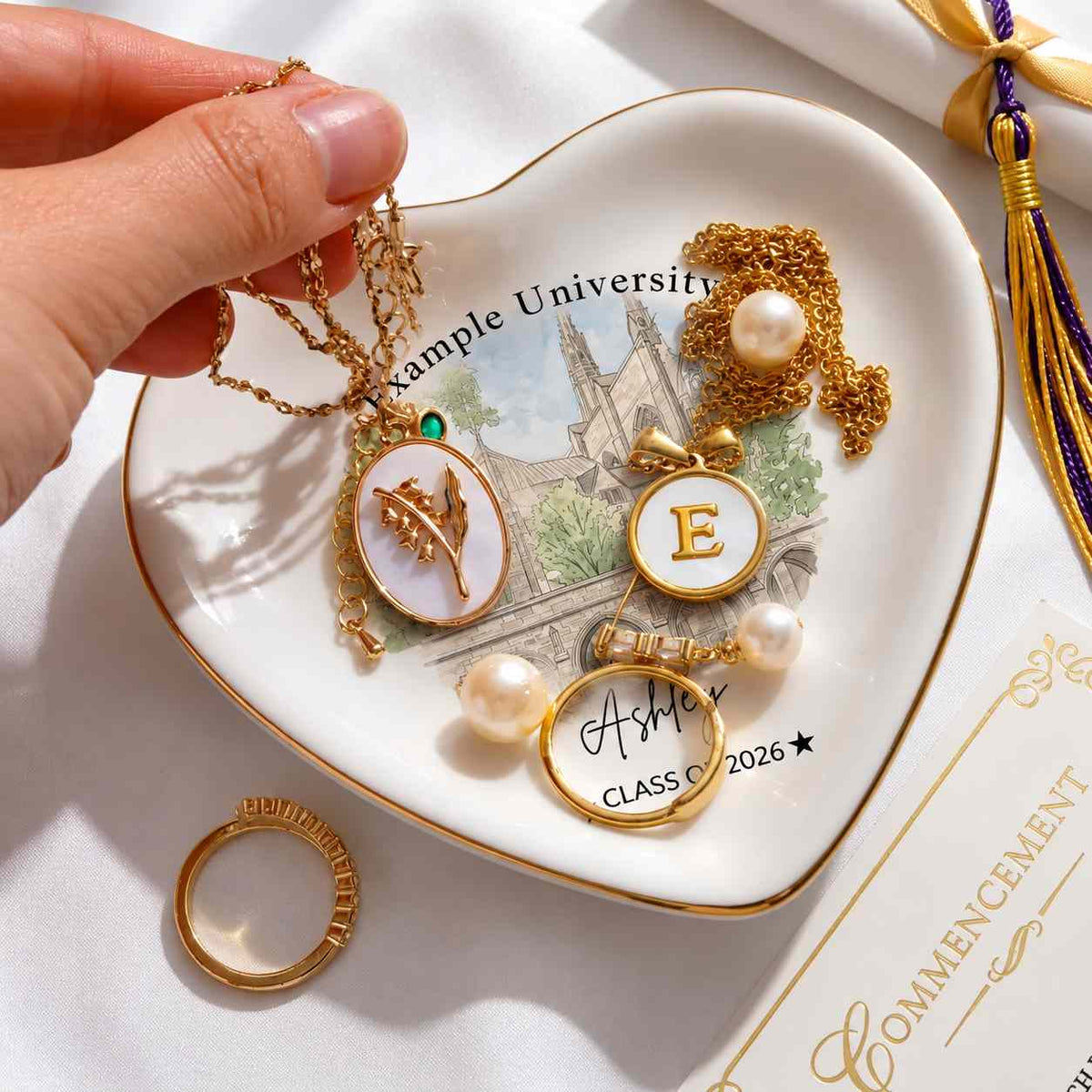 rings and jewelry on a heart-shaped graduation ring dish
