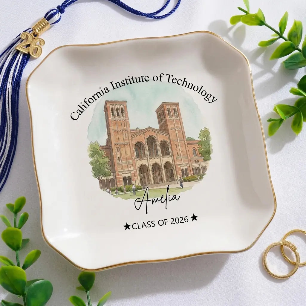Custom photo graduation ring dish displayed elegantly on wooden bedroom nightstand